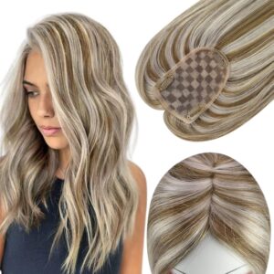 Full Shine Human Hair Topper No Bangs Hair Extensions Balayage Light Brown To Platinum Blonde For Women Invisible Clip In Real Human 18 Inch