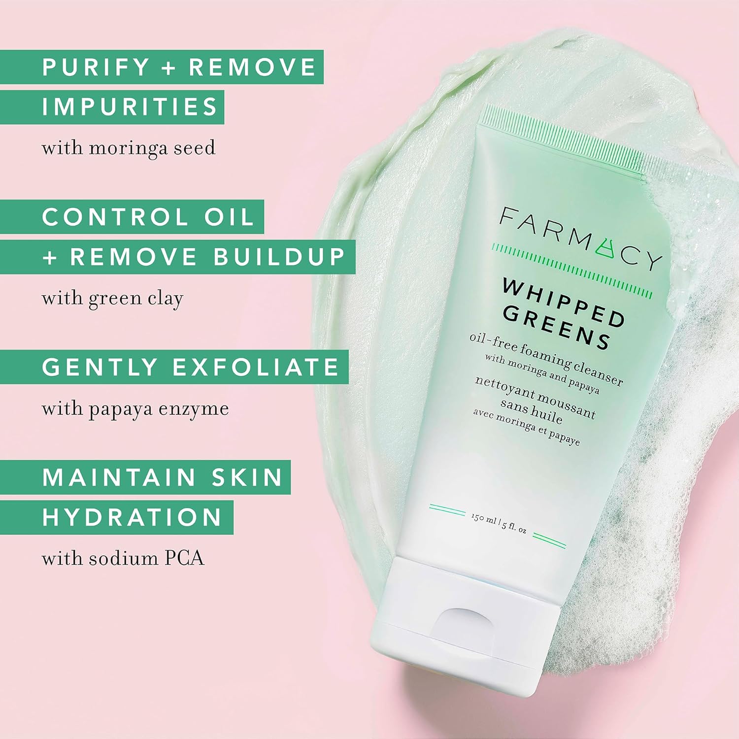 Farmacy Whipped Greens Oil-Free Foaming Face Wash for Oily Skin 150ml Cleanser Exfoliator - Image 3