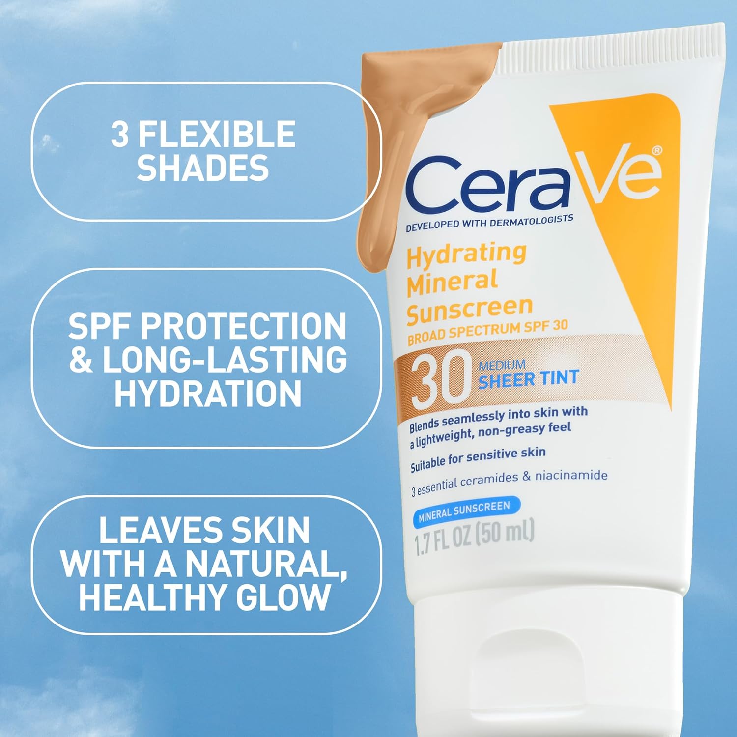 CeraVe Hydrating Mineral Sunscreen SPF 30 with Sheer Tint, Tinted Mineral Sunscreen with Zinc Oxide & Titanium Dioxide, Blends Seamlessly For Healthy Glow, Medium, 1.7 Fluid Ounce - Image 6