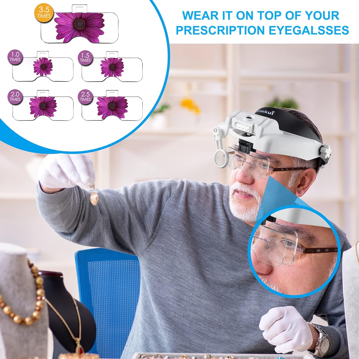 Headband Magnifying Glass with Light, Rechargeable Head Magnifying Glasses 1X to 14X, Magnifier Headset with 6 Detachable Lens, Hands Free Head Mount Magnifier for Close Work Reading Crafts - Image 2