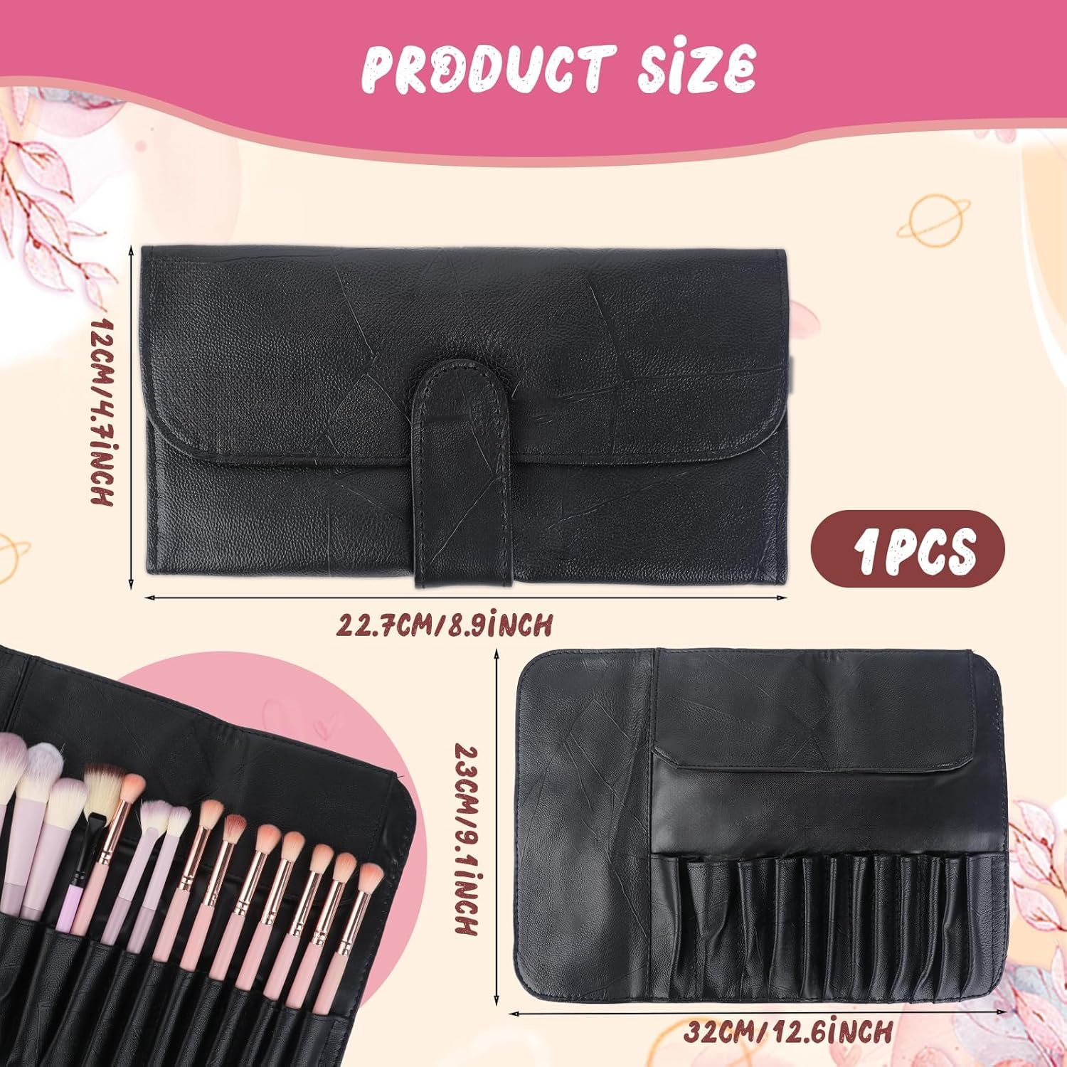 Black PU Leather Makeup Brush Holder and Roll Up Organizer Bag for Women - Image 2