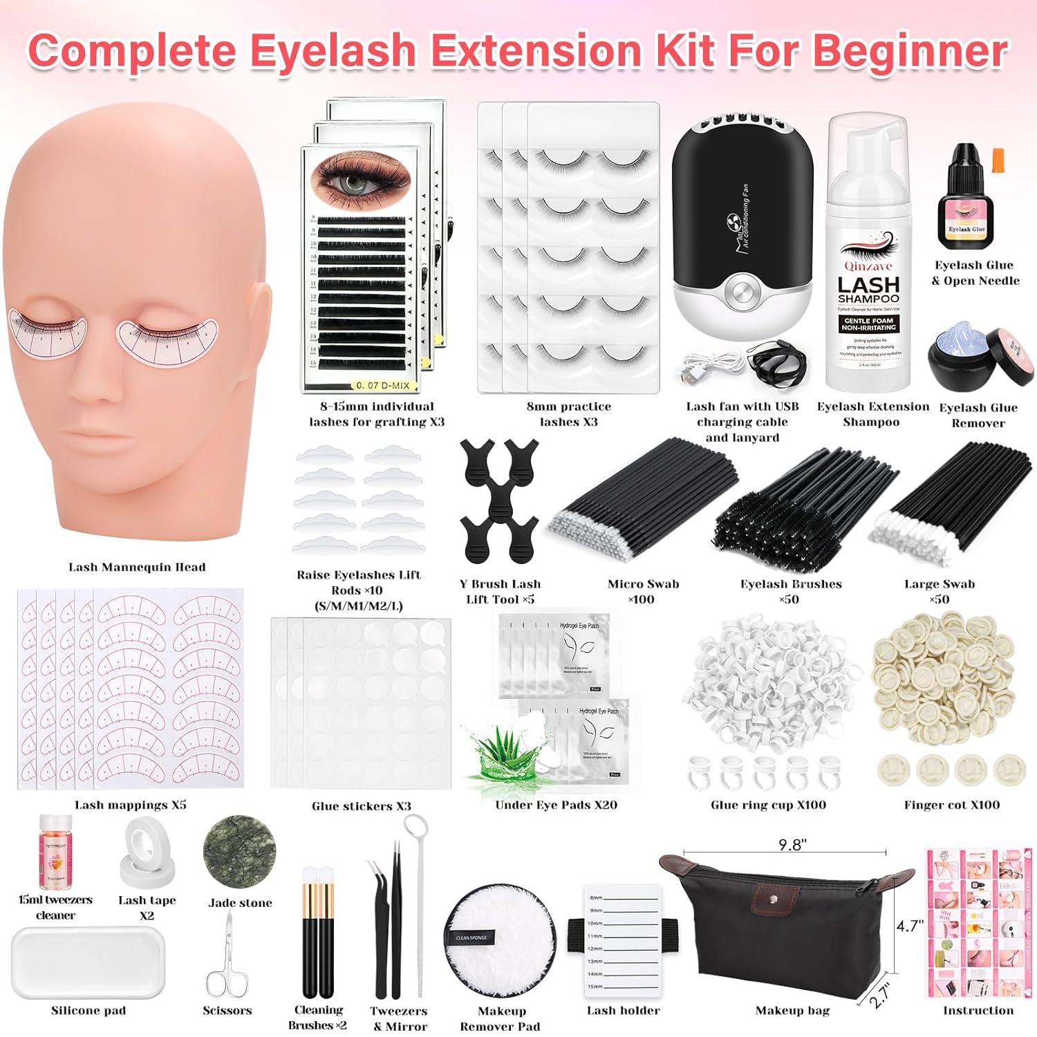 Lash Kit for Eyelash Extension Beginners Eyelash Extension Kit with Lash Mannequin Head, Eyelash Extension Practice Starter Kit with Everything USB Fan Lash Glue False Eyelash Lash Shampoo - Image 2