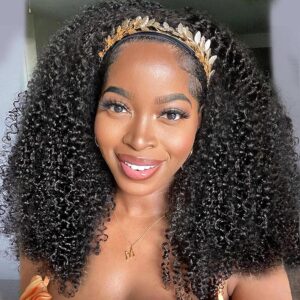 XSY Headband Wig Human Hair 20 Inch Kinky Curly Headband Wigs for Black Women Glueless No Lace Front Wig Brazilian Virgin Human Hair 150% Density Natural Black Color