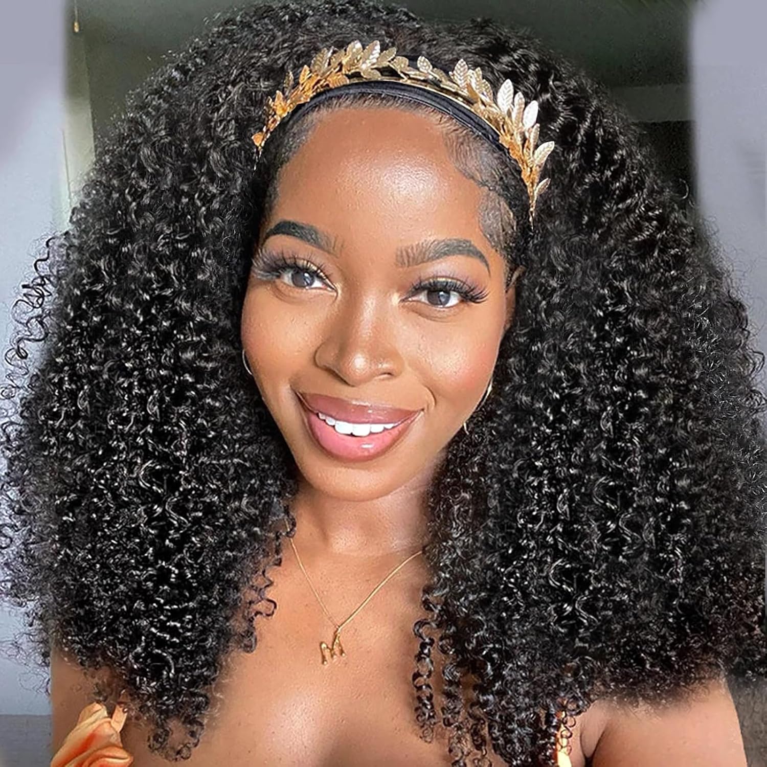 XSY Headband Wig Human Hair 20 Inch Kinky Curly Headband Wigs for Black Women Glueless No Lace Front Wig Brazilian Virgin Human Hair 150% Density Natural Black Color