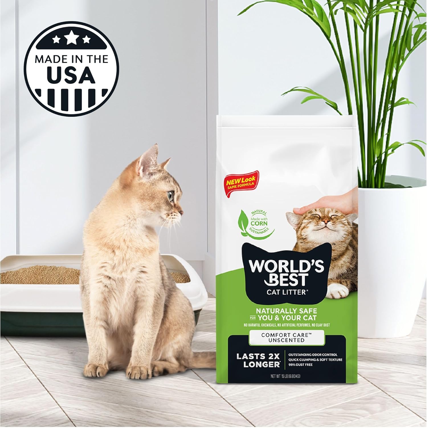 WORLD'S BEST CAT LITTER Comfort Care Unscented 15-Pounds - Natural Ingredients, Quick Clumping, Flushable, 99% Dust Free & Made in USA - Long-Lasting Odor Control & Easy Scooping - Image 6