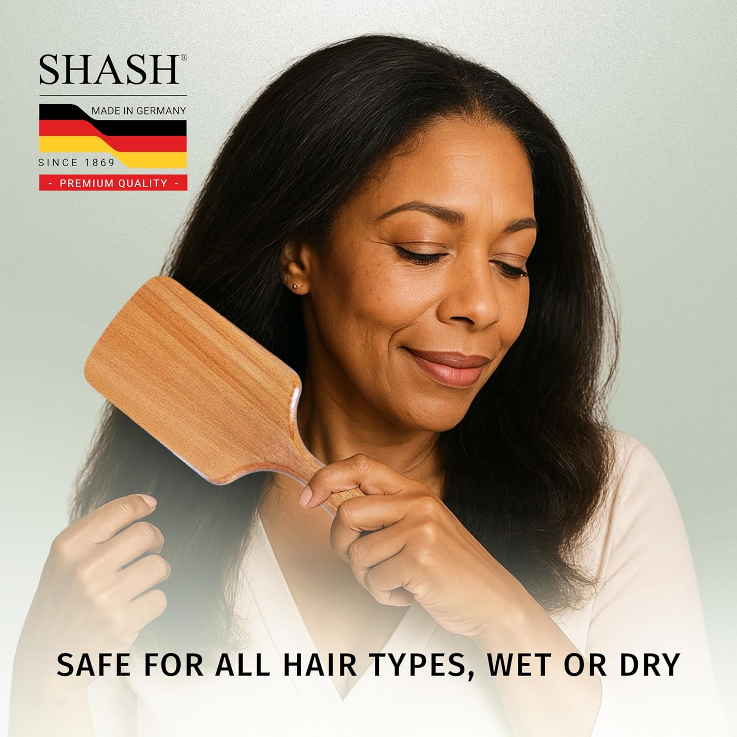 SHASH Since 1869 Made in Germany Wooden Paddle Brush - Gently Detangles, Styles, Conditions Hair with Minimal Frizz and Breakage - Safe for All Hair Types, Wet or Dry - Eco-Sourced Wood - Image 4
