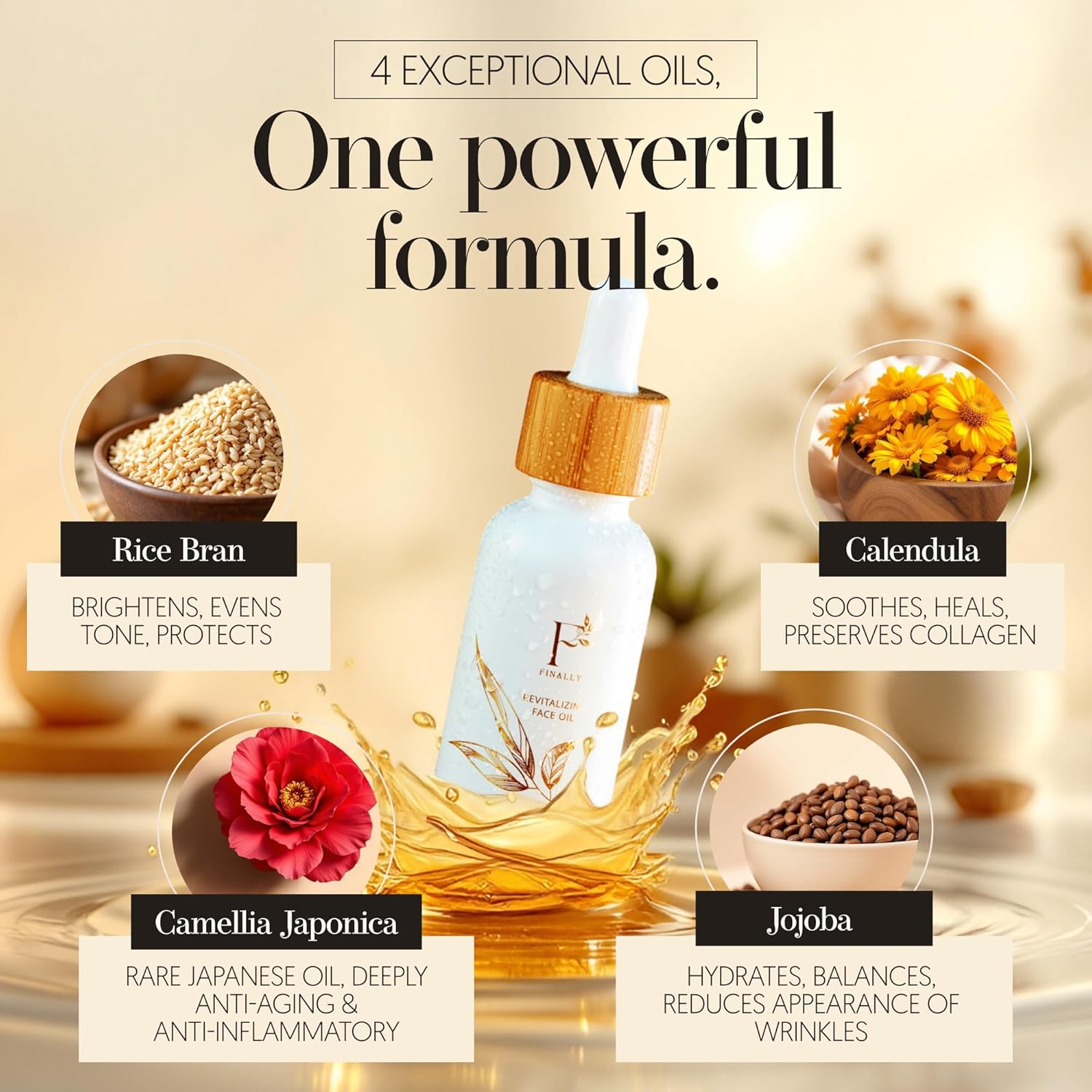 Hydrating Face Oil & Under-Eye Serum for Women & Men – Organic Tsubaki, Calendula, Vitamin E Jojoba Oil & Rice Bran for Glowy Skin, Even Skin Tone & Dark Spots – Anti Aging Serum by Finally - Image 6
