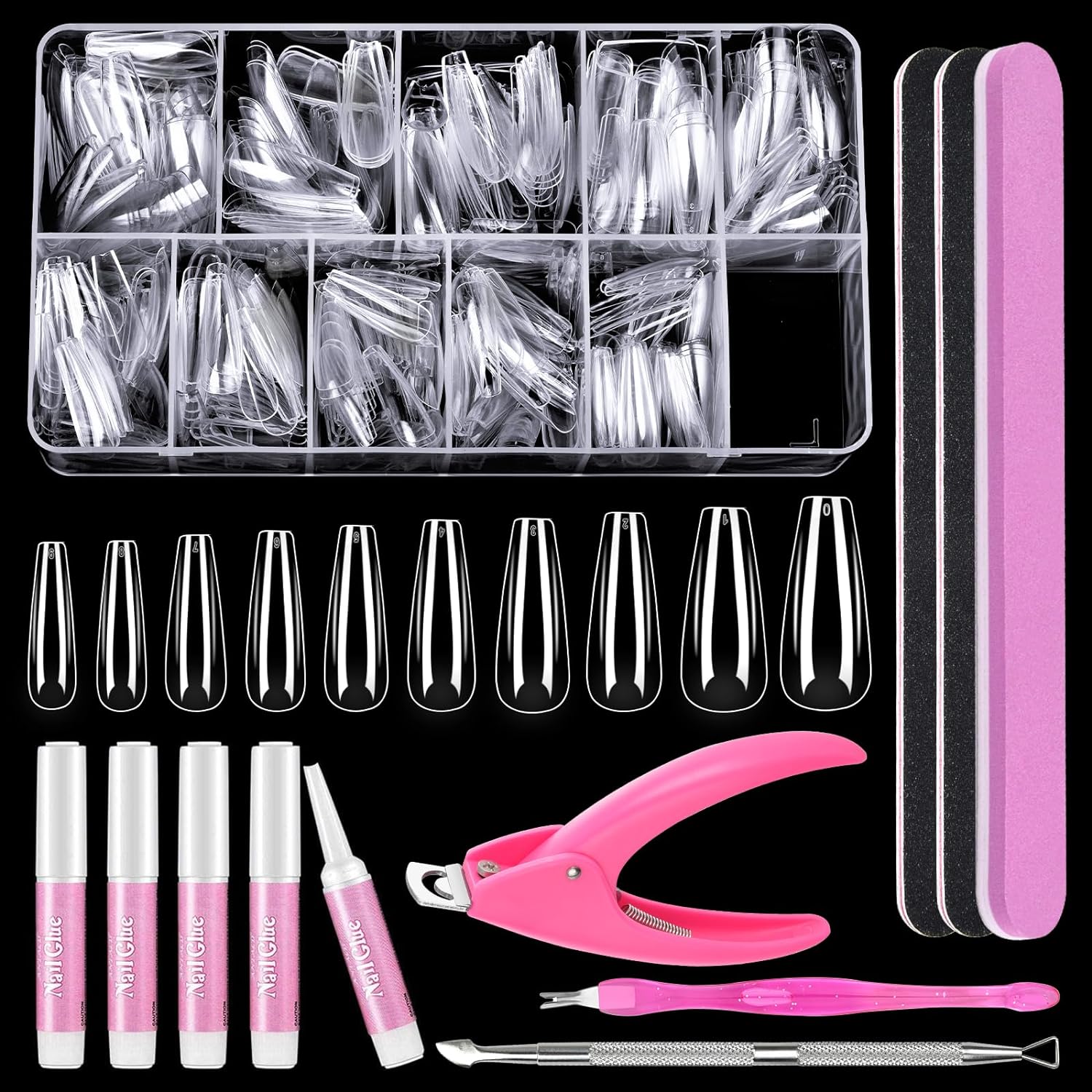 MORGLES Full Cover Coffin Nail Tips Set, 500 Pcs Clear Press On Nails, with Glue, Clipper, Files, Cuticle Pusher and Fork for Salons and Home DIY with Box