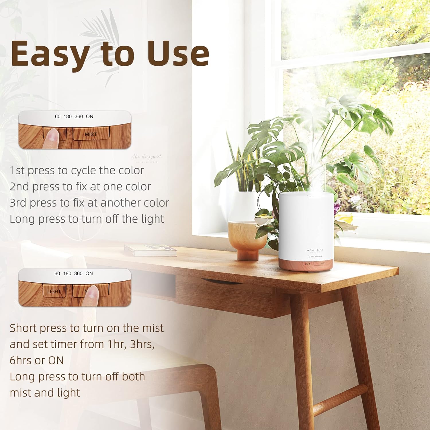 ASAKUKI Essential Oil Diffuser, Aromatherapy Cool Mist Home Humidifier with 7 LED Color Changing Light and Auto-Off Safety Switch, 8 Essential Oils Set, 300ml (Brown with Oils) - Image 2