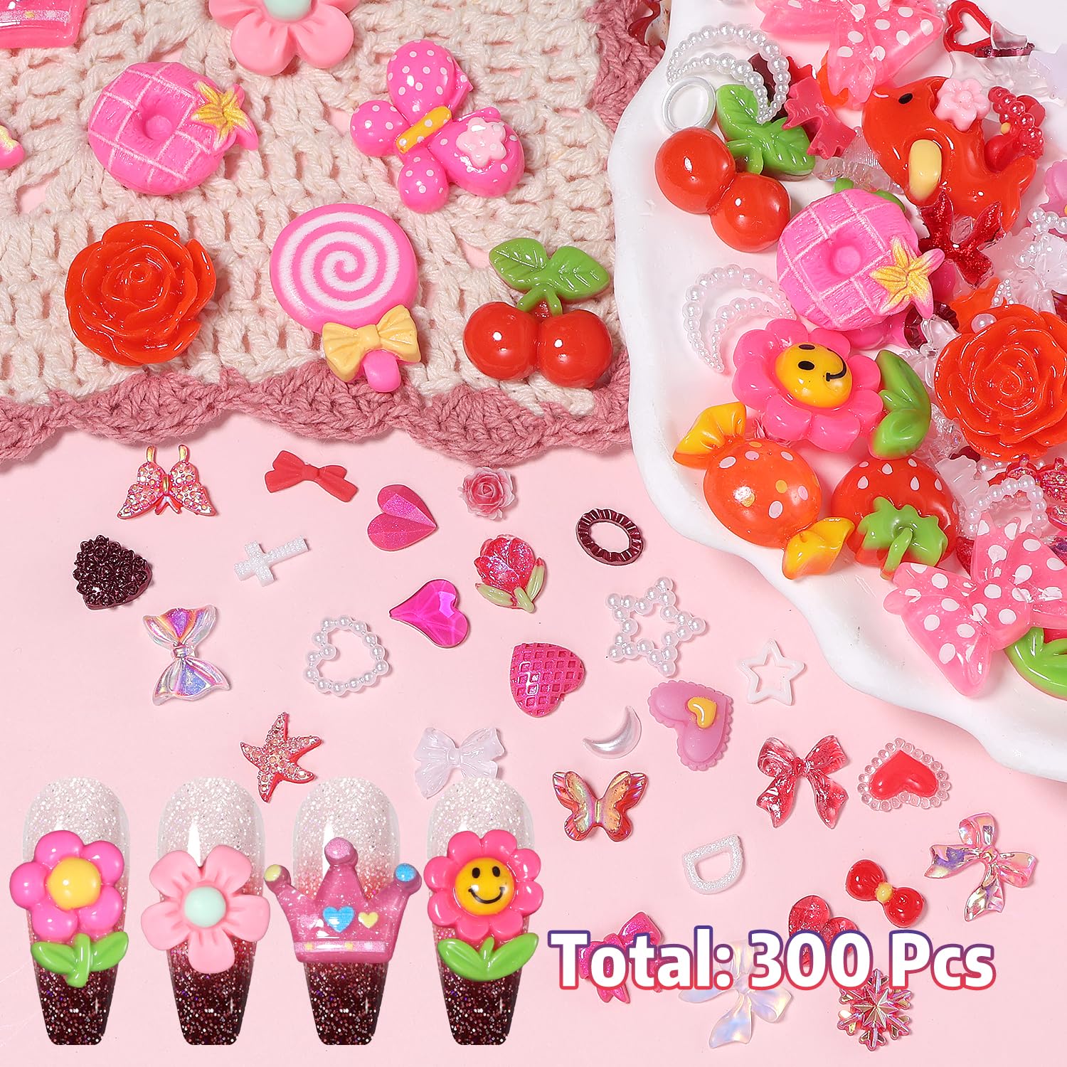 300 Pcs 3D Assorted Flower Candy Lollipop Junk Nail Charms, Acrylic Cute Nail Candy Charms, Flower Bow Star Heart Junk Case Candy Charms for Nail Art DIY Crafts Accessories(S5-Red Charms) - Image 4