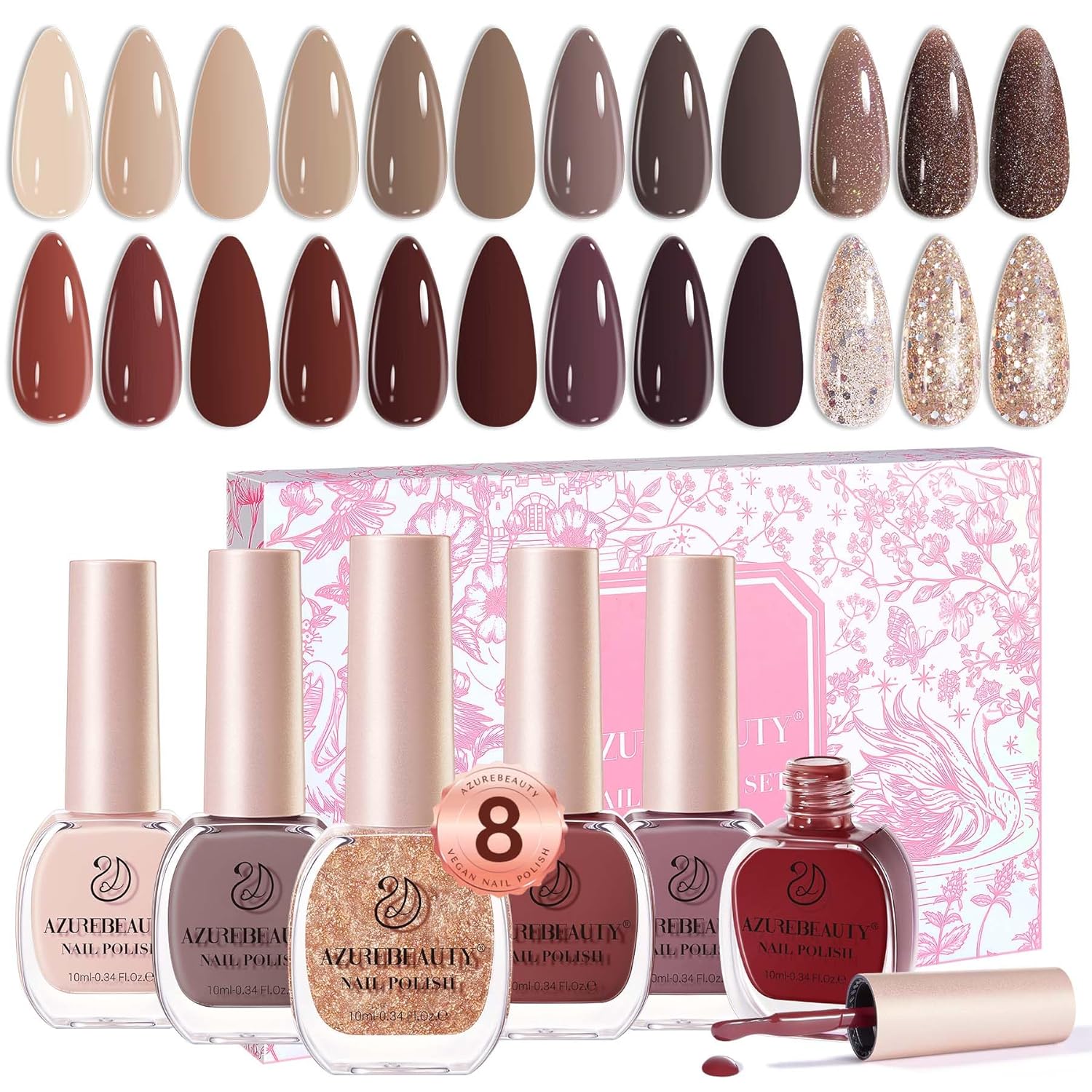 AZUREBEAUTY 8 Colors Brown Nude Glitter Nail Polish Set, Quick-Dry Perfect for Women Manicure Nail Art DIY Salon