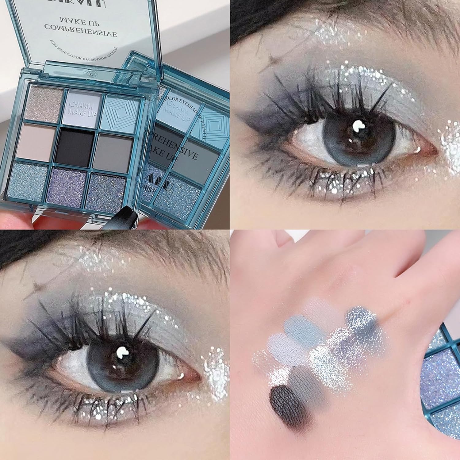 Go Ho 9 Colors Light Blue Grey Black Silver Powder Eyeshadow Palette,Matte&Shimmer&Glitter Eyeshadow Makeup Palette,Waterproof Daily Shades Eye Shadow Make up,14 - Image 2