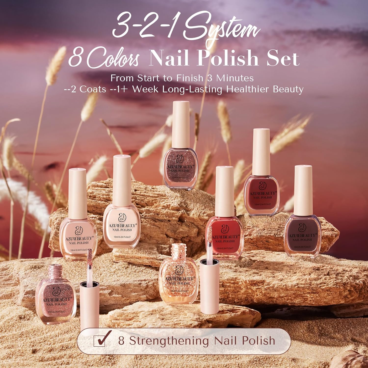 AZUREBEAUTY Brown Shades Champagne Glitter Nail Polish Set 8 Colors, Quick Dry Natural Nail Lacquer Strengthening Treatment Kit DIY Salon - Image 5