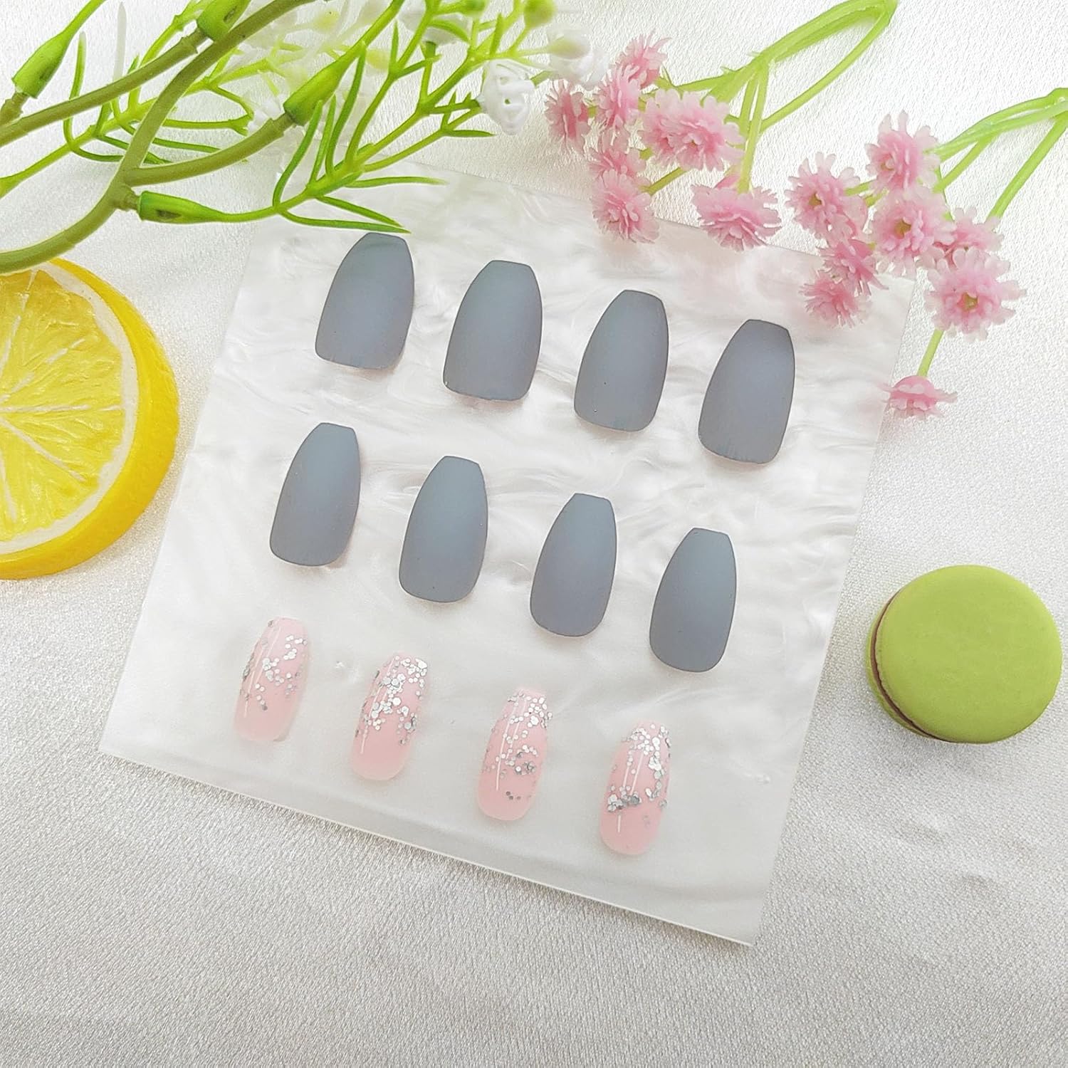 Coffin Press on Nails Short Fake Nails with Glitter Sequins Designs Acrylic Nails Press ons Matte Glue on Nails Grey Blue Full Cover Artificial Stick on Nails for Women 24Pcs - Image 4