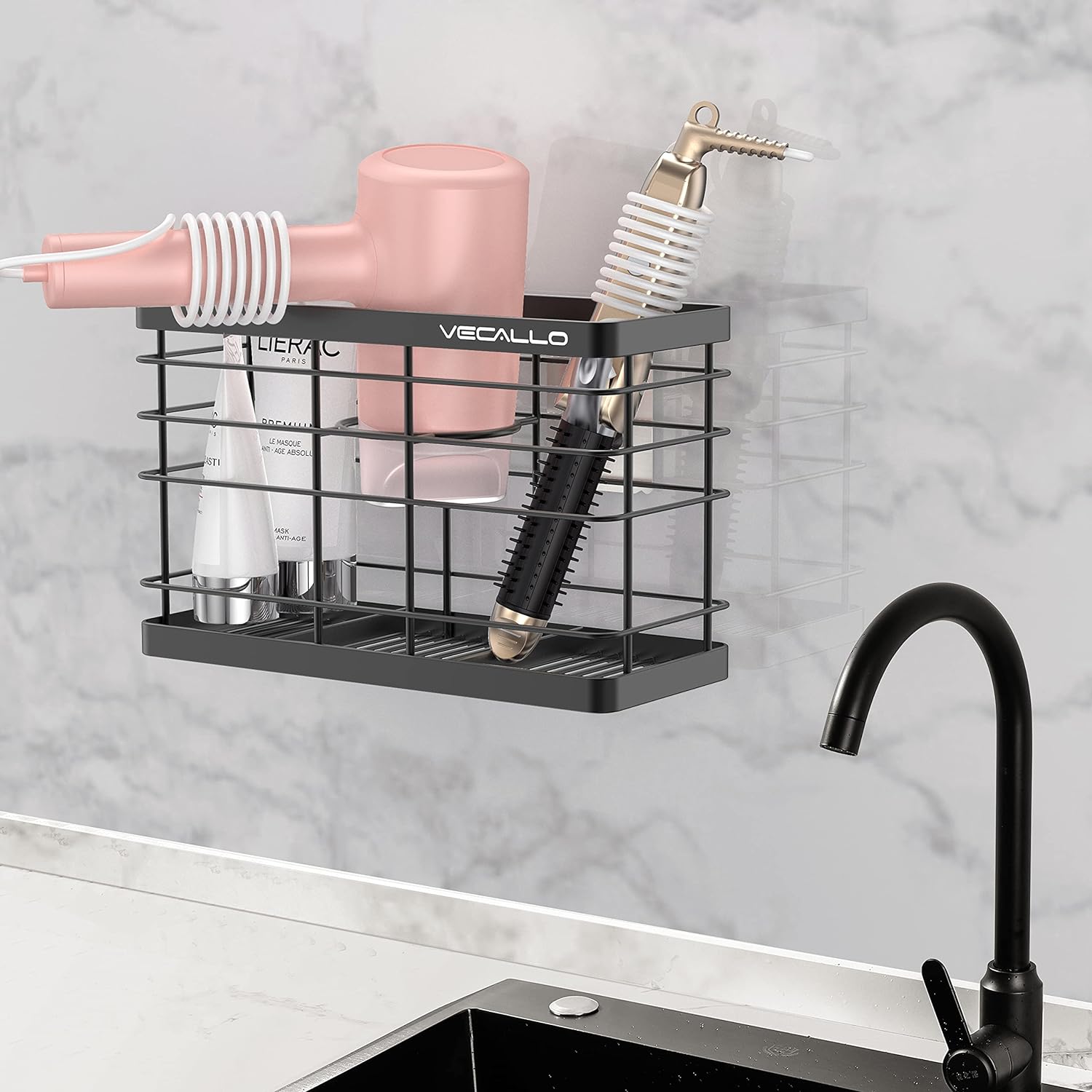 Hair Dryer Holder - Hair Tool Organizer Wall Mount/Adhesive Blow Dryer Holder/Curling Iron Holder Cabinet Door Bathroom Organizer for Hair Dryer, Curling Wands, Hair Straighteners Black - Image 2
