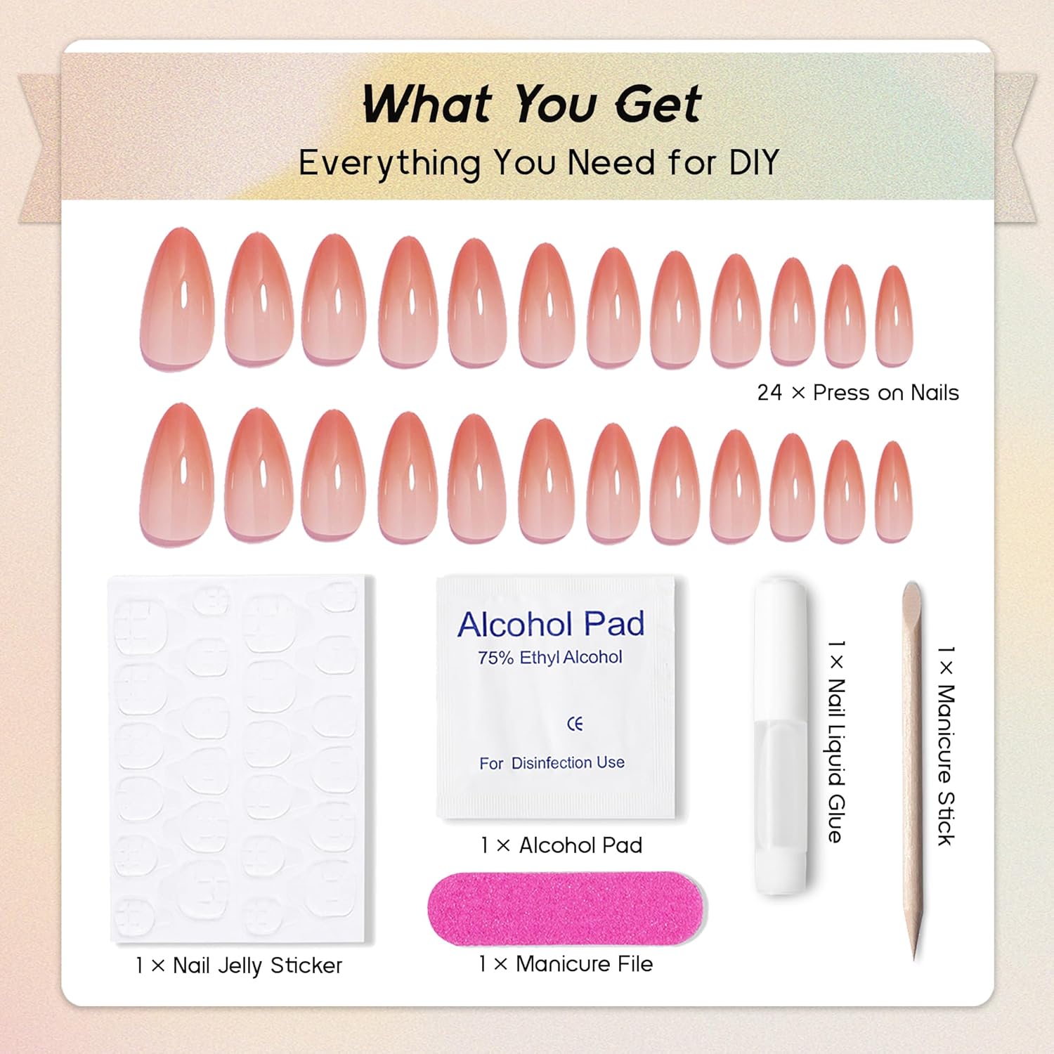 Press on Nails Almond, Ombre Nude Coral Pink Fake Nails Medium Press Ons, Glossy Full Cover Glue On Nails for Women Daily Wear, Natural Fit Acrylic Stick on Nail Kit - 24 Pieces in 12 Sizes - Image 3