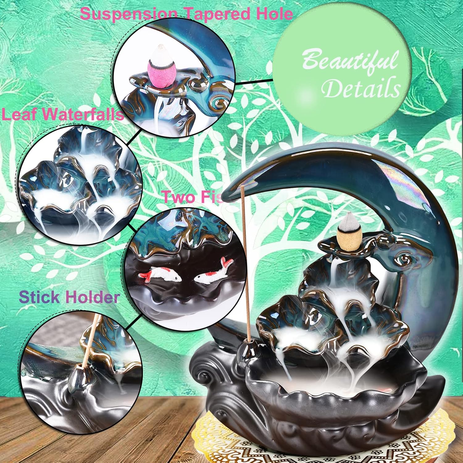 Handmade Ceramic New Moon Backflow Incense Burner Fountain with 100 Cones and Mat - Image 3