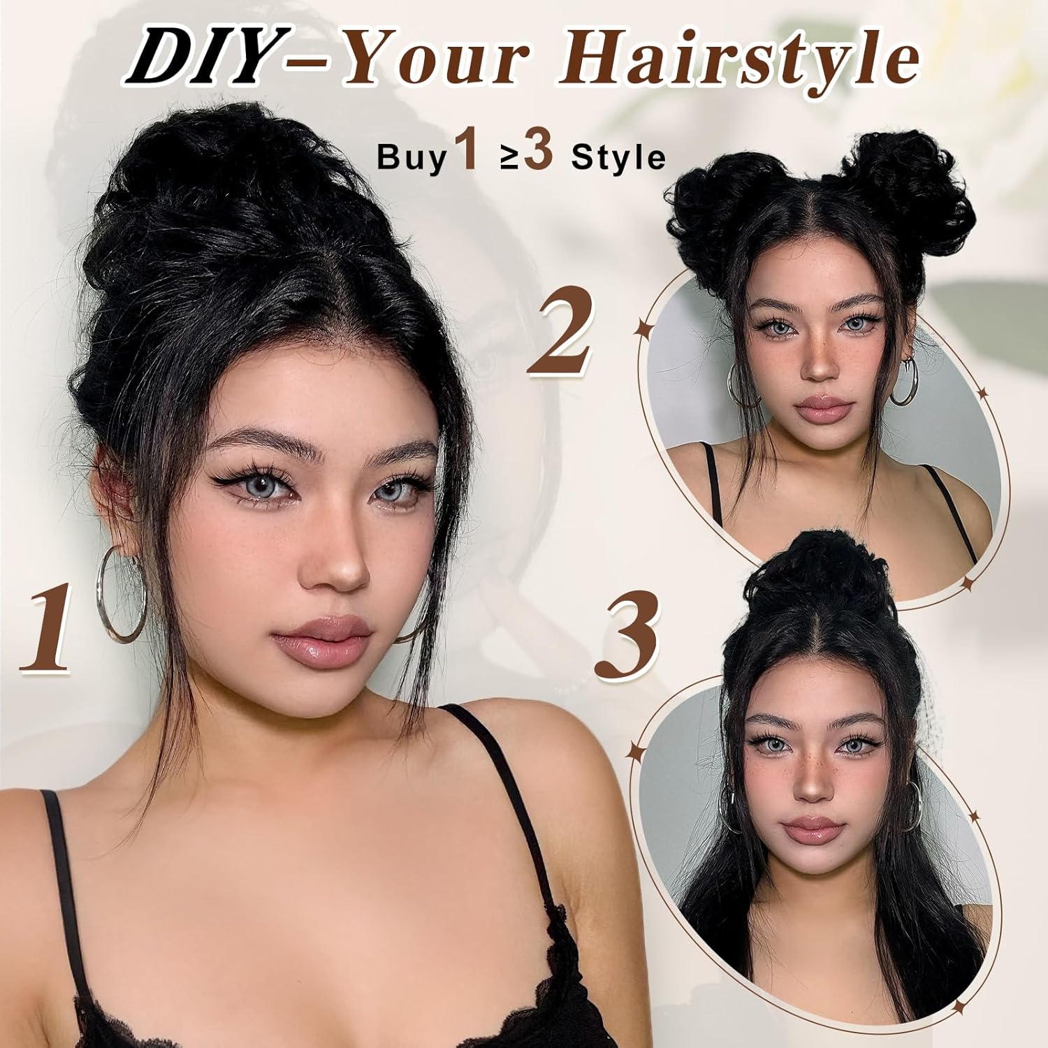 HMD 100% Human Hair Bun Messy Bun Extensions Human Hair Messy Rose Bun Hair Piece Curly Hair Bun with Elastic Band Bun Extensions Tousled Updo Hairpieces for Women(Medium Brown) - Image 3