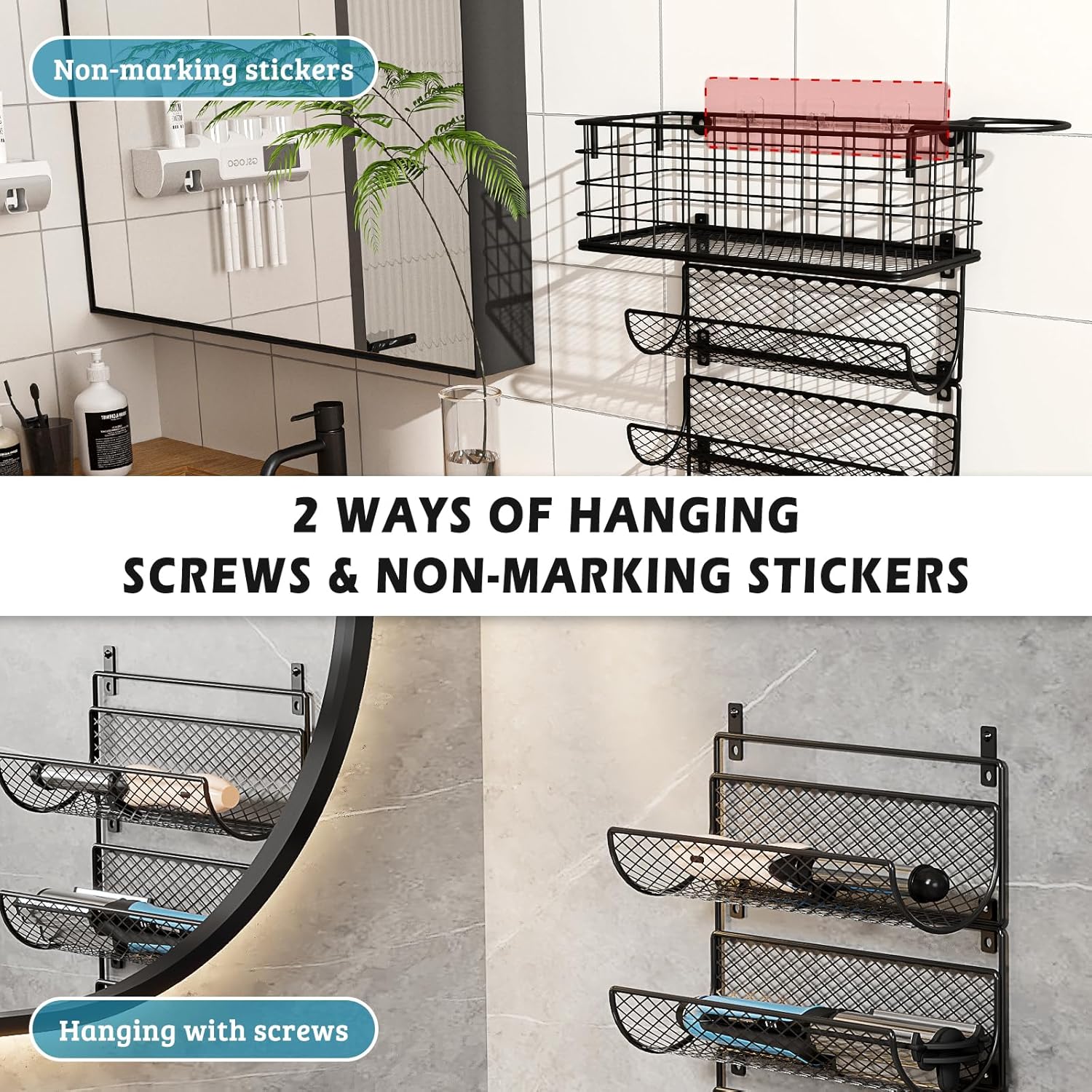 Wall-Mounted Hair Dryer Holder Styling Tool Organizer 4-Shelf Storage Wire Basket with Hook Heat Safe Rack for Hair-Straighteners,Curling Wands,Flat Iron,Perfume,Cabinet Door Bathroom Kitchen - Image 6