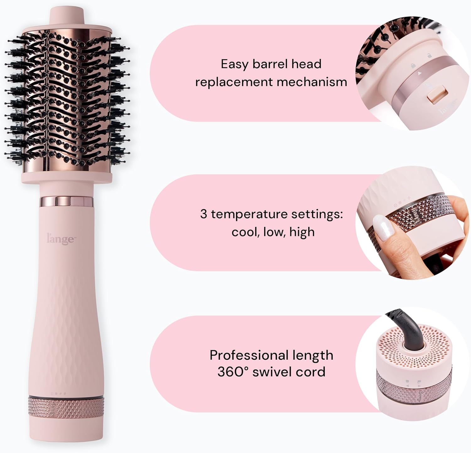 Lange Hair Multi Volume Series Hair Dryer Brush | Thermal Brush Blowout | Adjustable Settings Dual Voltage | Blow Dryer Volumizer | Lightweight Titanium Tool Travel Hair Care | (Blush - Oval 75mm) - Image 2