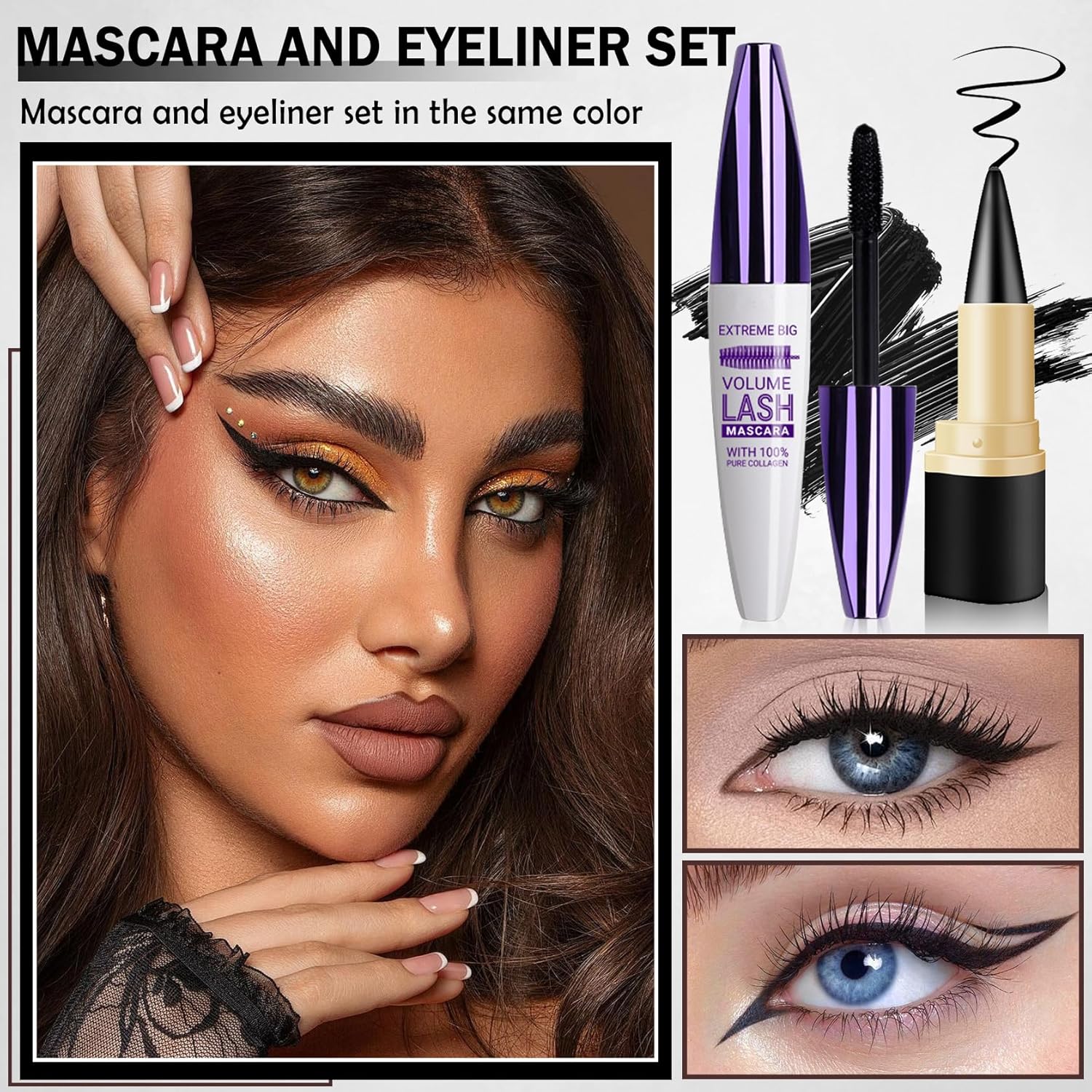 Black Gel Eyeliner Pencil and Mascara Tubing,Natural Black Eyeliner Cream Waterproof Smokey Eyeshadow Stick for Goth Makeup,Quick Dry Delineador de Ojos Contra el Agua - Set A - Image 2
