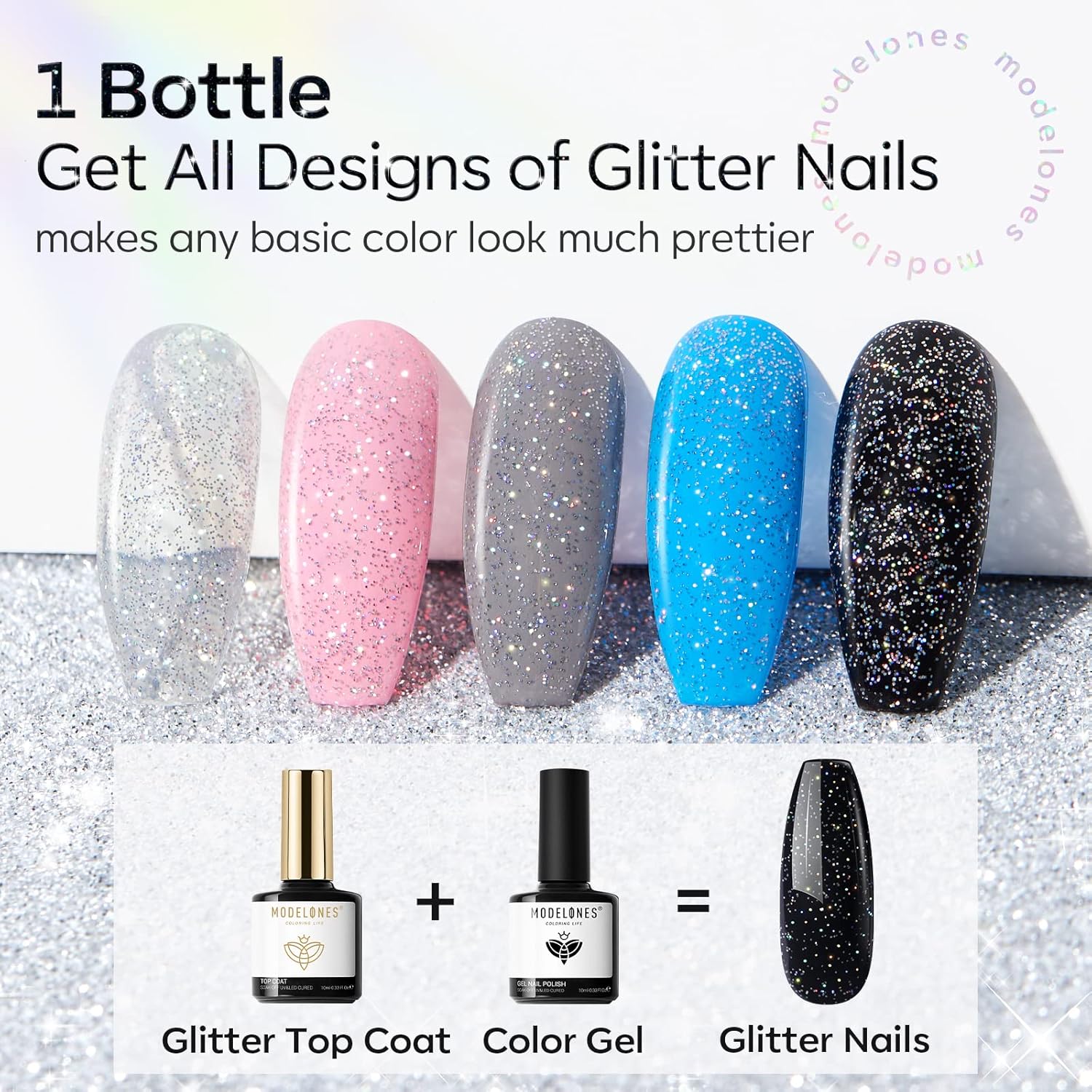 Modelones 10ml Iridescent Silver Glitter Gel Top Coat for Stunning Nail Art Designs - Image 3