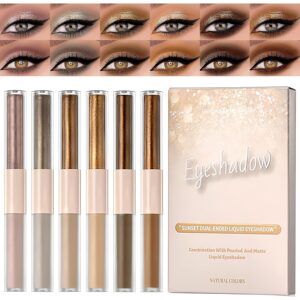 Dual Ended Liquid Eyeshadow 6 Color Neutral Naked Glitter and Matte Waterproof Long Lasting Smooth Creamy Eyeshadow Set (6 Colors Set 1)