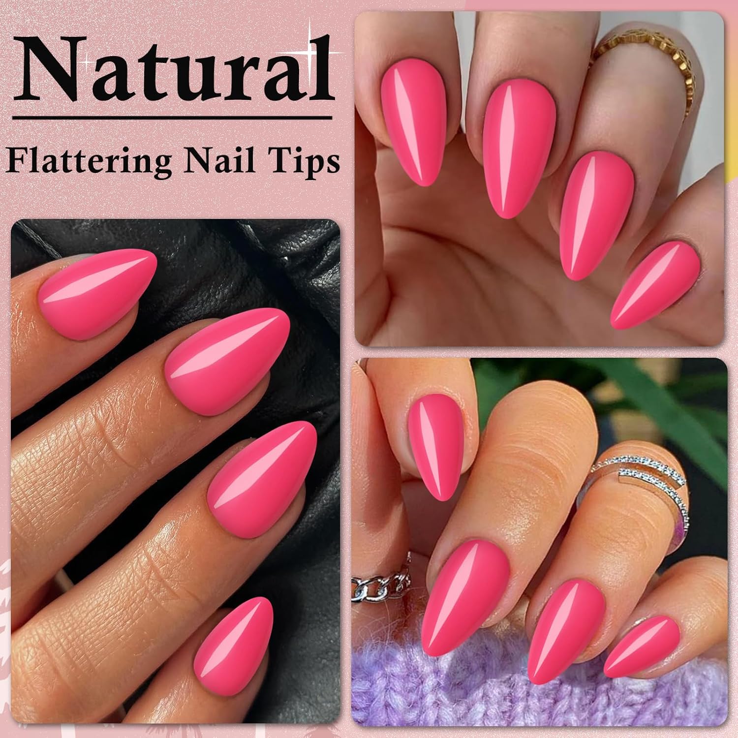 LoveOurHome 240pc Short Almond Hot Pink Full Cover Press on Artificial Fingernails - Image 6