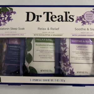 Dr. Teal's Epsom Salt Stress Relief Gift Set (Three 11oz Bags) - Relax & Relief Eucalyptus, Melatonin Soak, & Soothing Lavender - Give The Gift of Relaxation - Soothe Aches with at Home Spa Kit