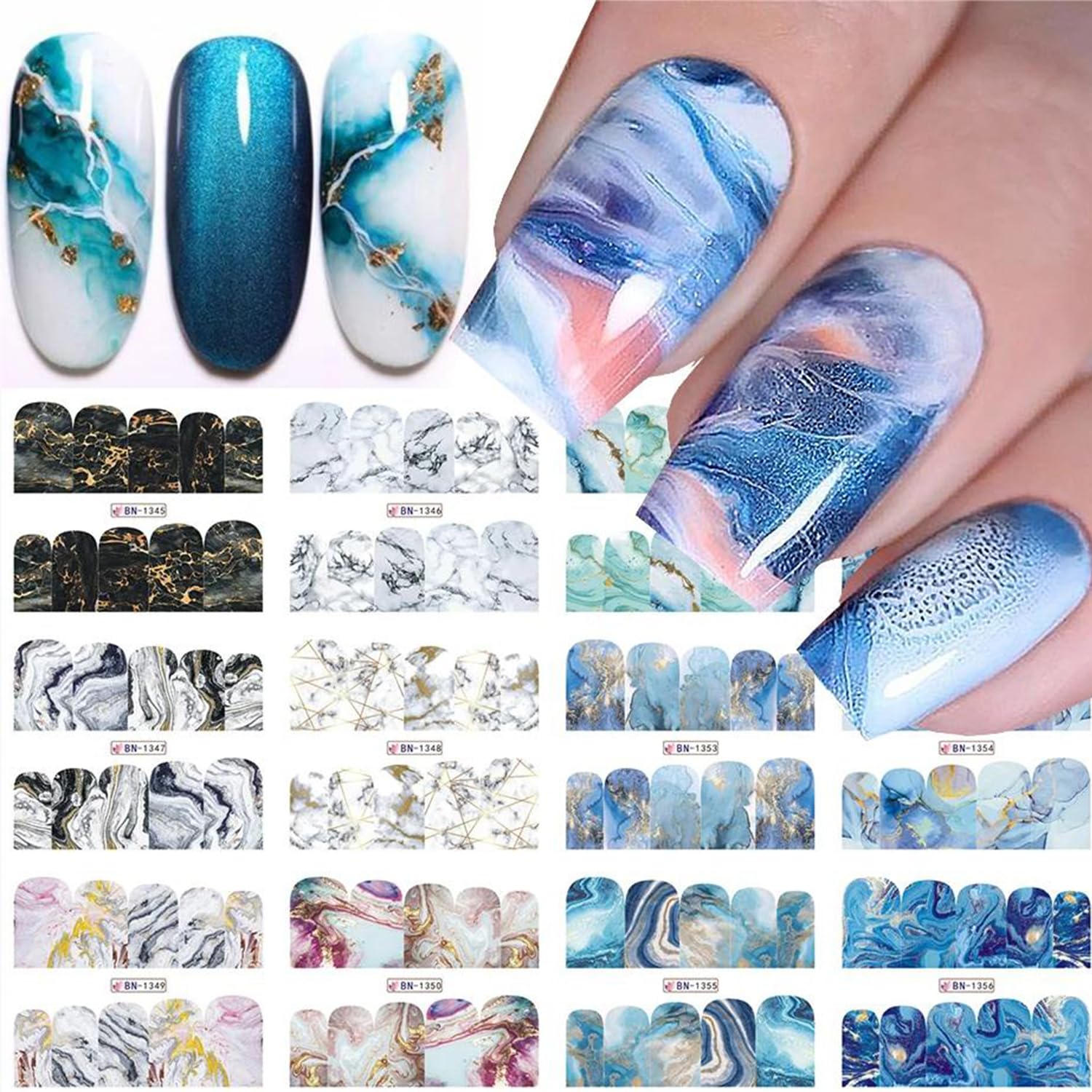 12 Sheets Watercolor Marble Nail Water Transfer Decals Nail Art Stickers Colorful Halo Staining Marble Stripe Designs Nail Art Supplies Spring Nail Tattoo Watermark Stickers Accessories for Women - Image 6