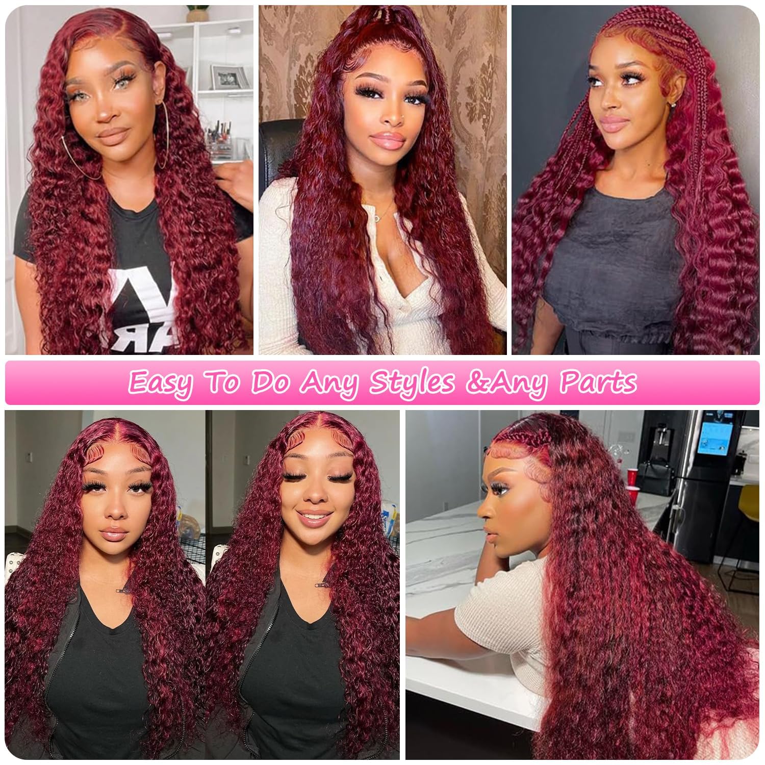 Burgundy Lace Front Wigs Human Hair 13x6 Deep Wave Lace Front Wigs Human Hair 180 Density Red Colored Wigs Human Hair for Black Women 99j Curly Lace Frontal Wigs (30 Inch) - Image 6