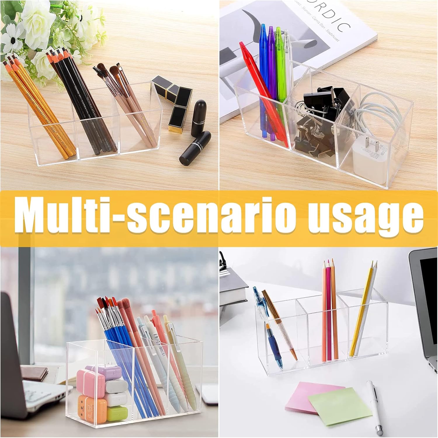 Clear Makeup Brush Organizer,Acrylic Cosmetic Brushes Storage Holder with 3 Slots,Pencil Pen Holder for Desk,Desk Organizer and Accessories for Vanity - Image 7