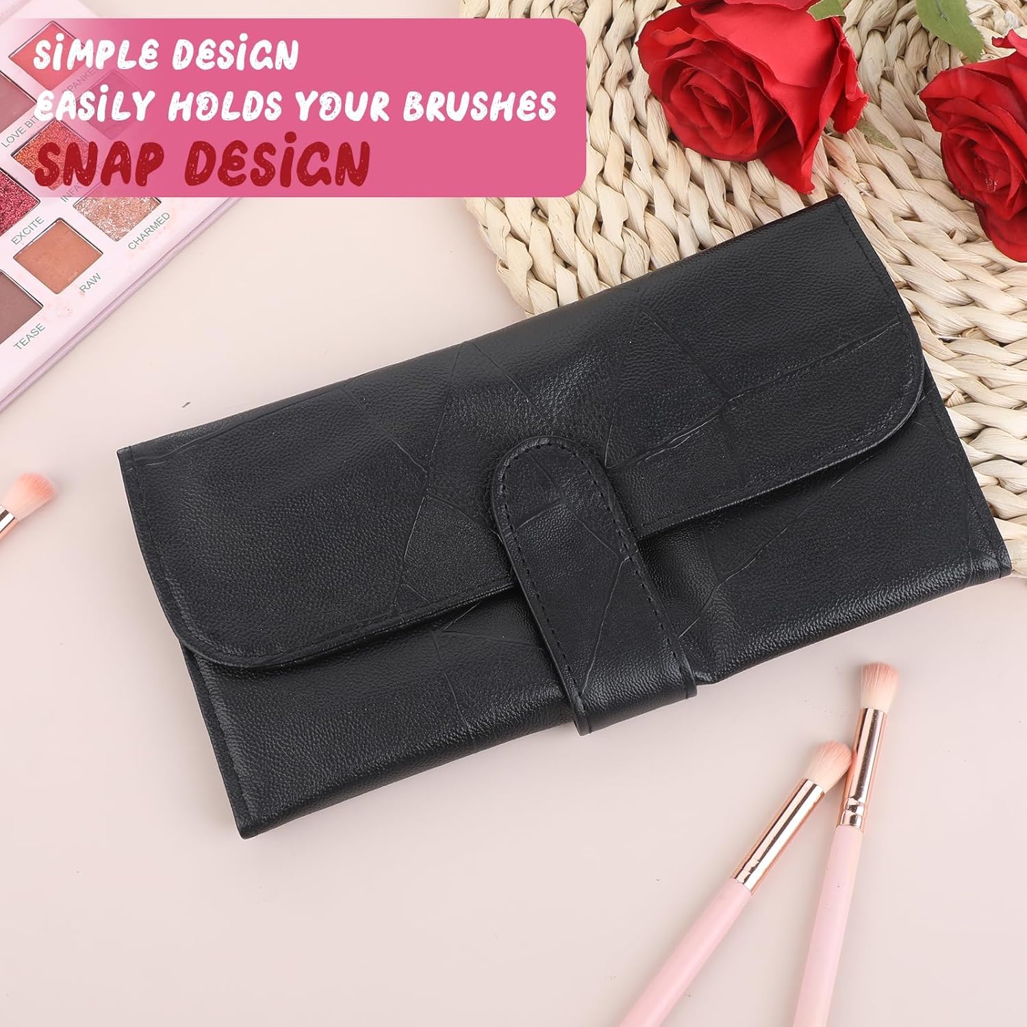 Black PU Leather Makeup Brush Holder and Roll Up Organizer Bag for Women - Image 6