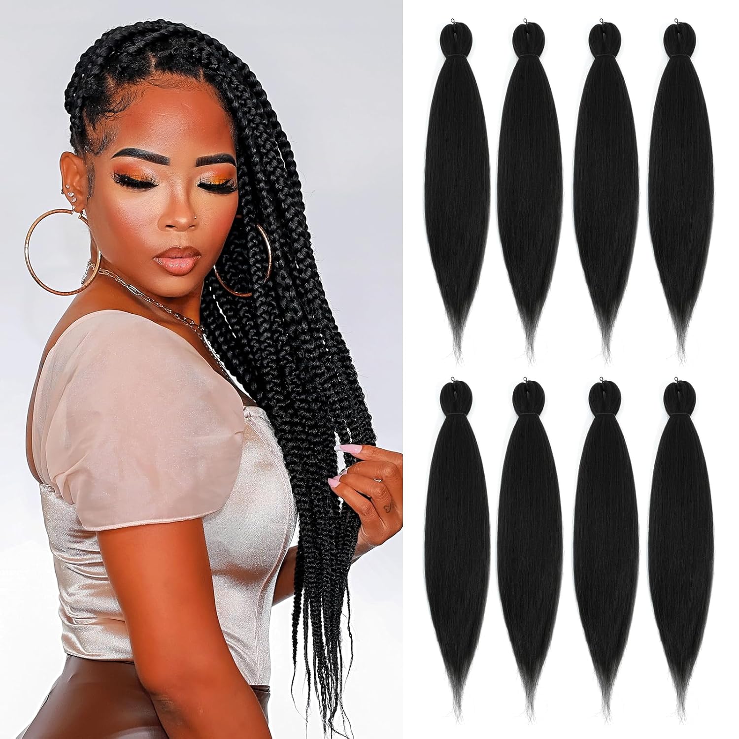Pre-stretched Braiding Hair - 24 Inch 8 Packs Natural Black Long Braiding Hair For Twist or Box Braids, Yaki Texture Hot Water Setting Synthetic Crochet Hair Extensions (24 Inch, 1B-8P) - Image 2