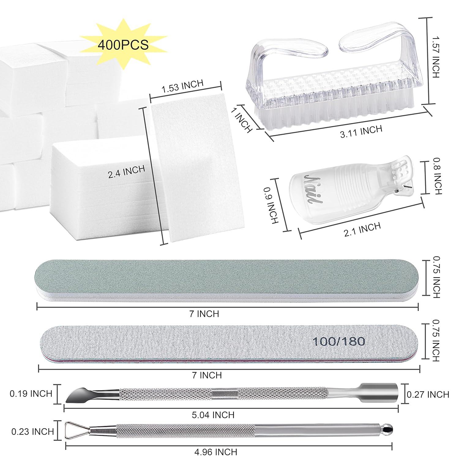 Gel Polish Remover Tools Kit - 10 Clips, 400 Lint-Free Wipes, Files 100/180, Buffer Block 400/4000, Brush, Cuticle Pusher & Peeler (Clear) - Image 2