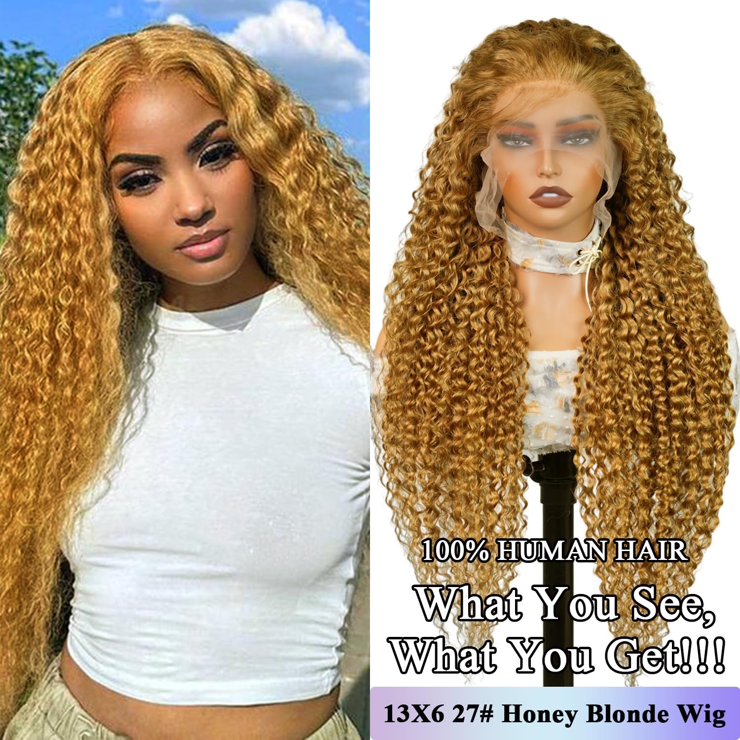 Honey Blonde Wig Human Hair, Deep Wave Lace Front Wigs Human Hair #27 Color Blonde Curly 13x6 Hd Lace Front Wigs Pre Plucked With Baby Hair Lace Frontal Wig 180% Density For Women(20inch) - Image 2