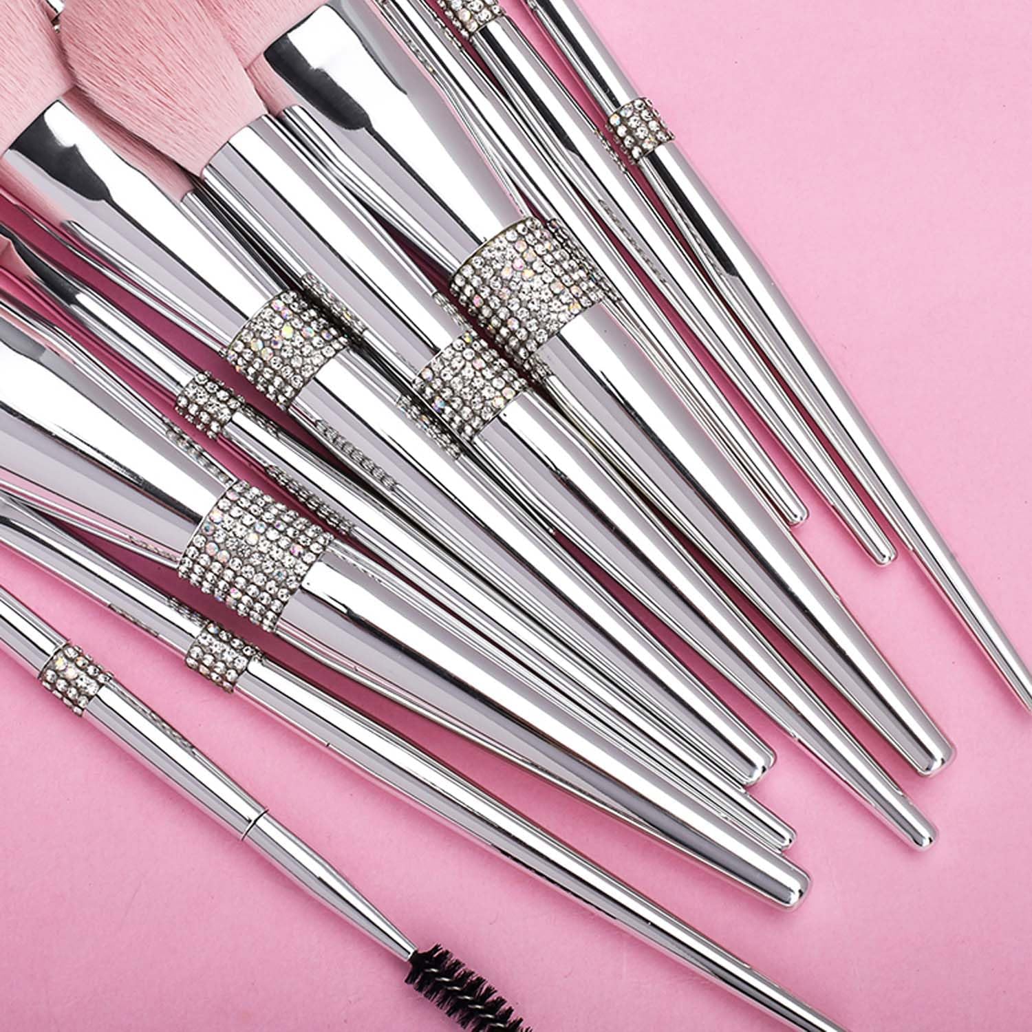 Professional Makeup Brush Set Luxury 11pcs Silver Glitter Crystal Make Up Brush Kit Vegan Soft Synthetic Hair Foundation Eyeshadow Eyebrow Lip Cosmetic Brush Set With Gift Box For Girl - Image 3