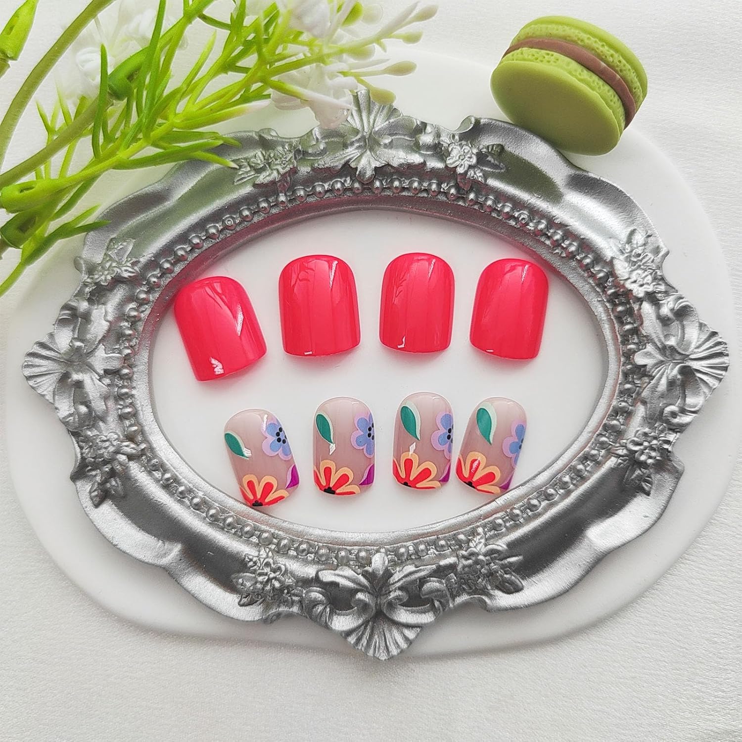 Square Press on Nails Short Fake Nails with Colorful Flower Designs Orange Red Nails Press ons Glossy Glue on Nails Acrylic False Nails Full Cover Stick on Nails for Women 24Pcs - Image 3