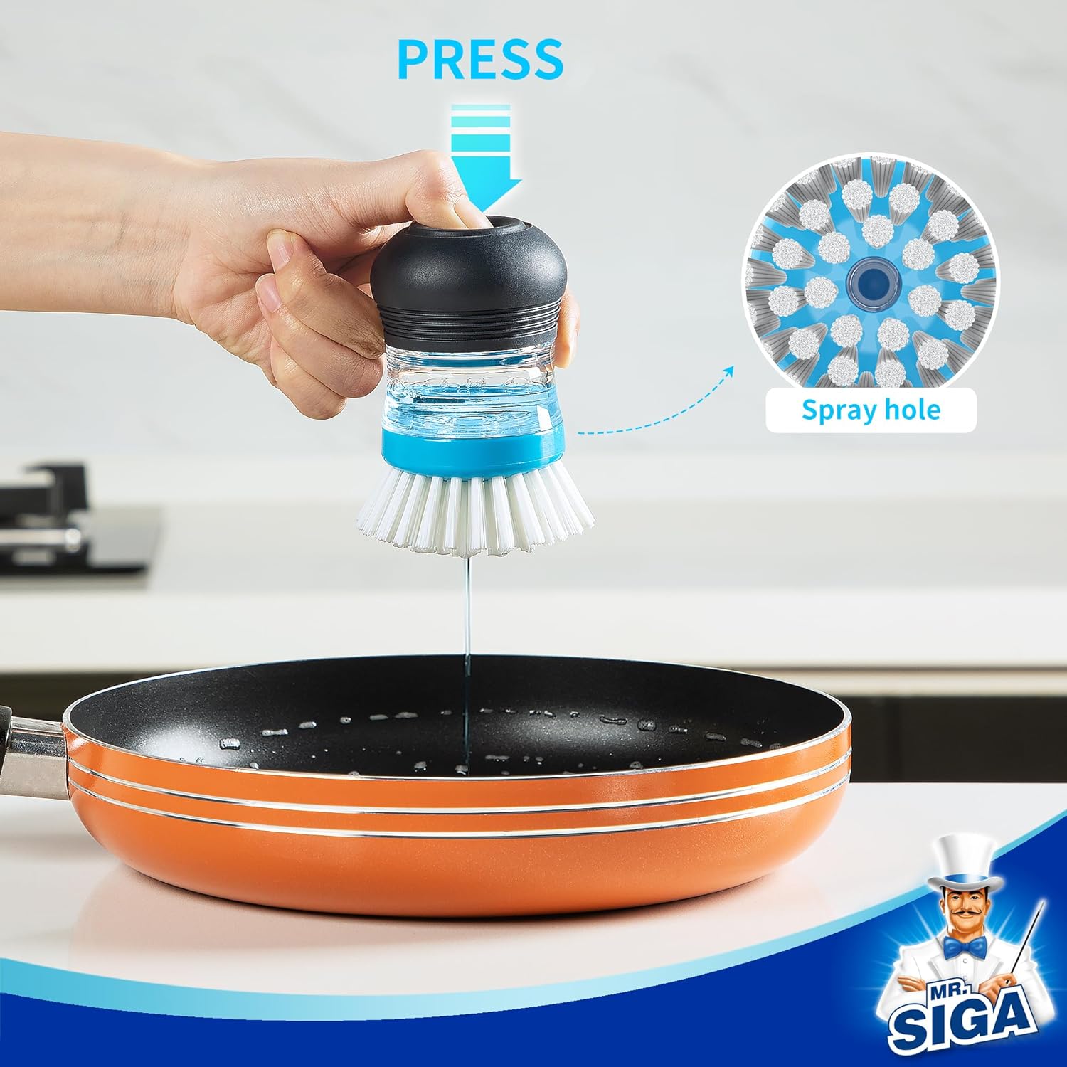 MR.SIGA Soap Dispensing Palm Brush, Kitchen Brush for Dish Pot Pan Sink Cleaning, Pack of 1, Navy/Blue - Image 3
