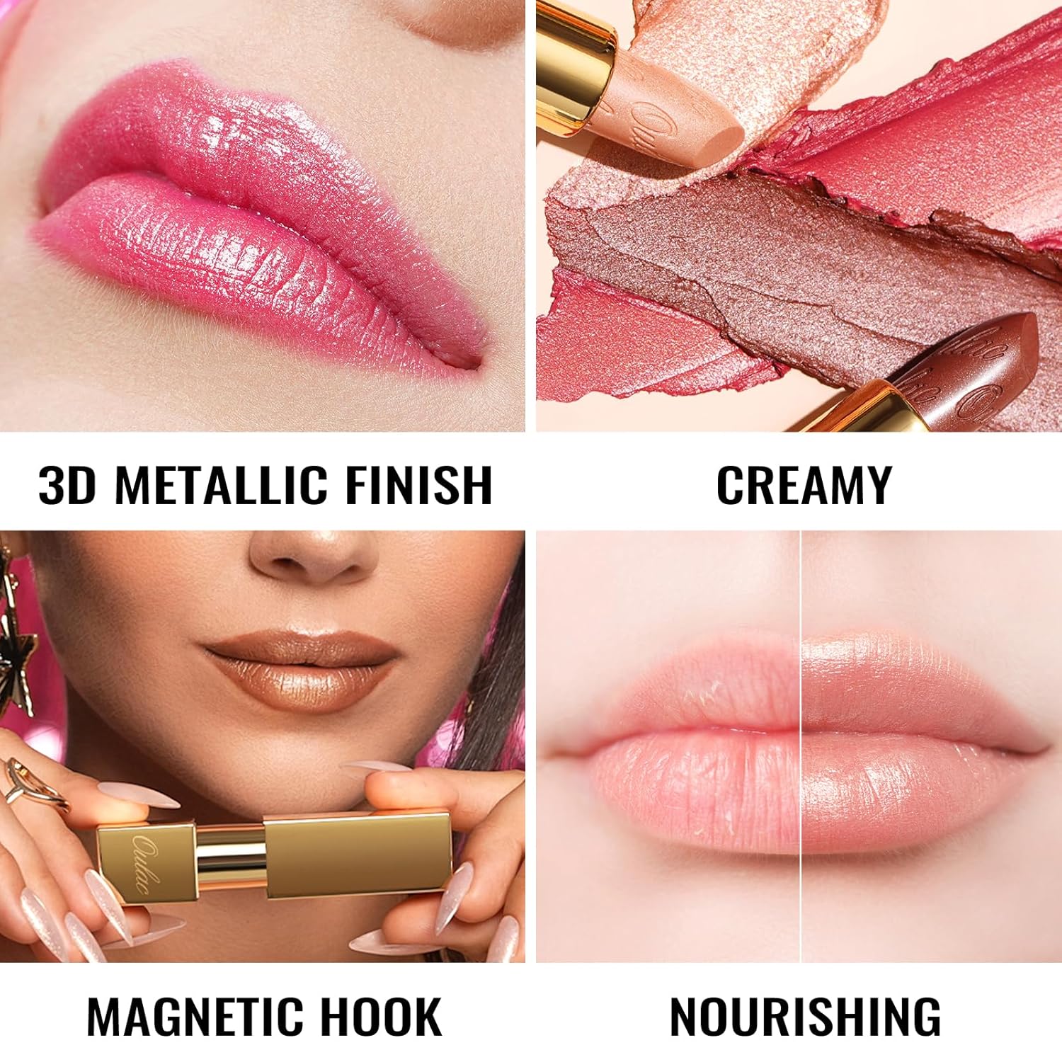 Oulac Nude Lipstick for Women with Metallic 3D Shine Lightweight Hydrating Formula, High Impact Lip Color, Vegan Beauty, Full Coverage Lip Makeup, Christmas Gifts for Women, Sahara Gold(10) - Image 2