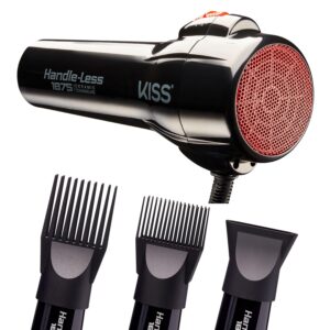KISS Handle-Less 1875W Ceramic Tourmaline Hair Dryer, Effortless Styling Precision Blow Dryer, Cool Touch Nozzle, Triple-Layer Heat Insulation, Heat Resistant Cap, 3 Styling Attachments, Up to 450°F
