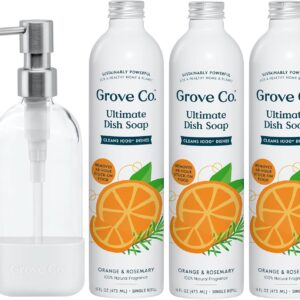 Grove Co. Ultimate Dish Soap Refills (3 x 16 Fl Oz) + Refillable Glass Dish Soap Dispenser for Kitchen Sink with Non-Slip Silicone Sleeve, Plastic Free Cleaning Products, Orange & Rosemary