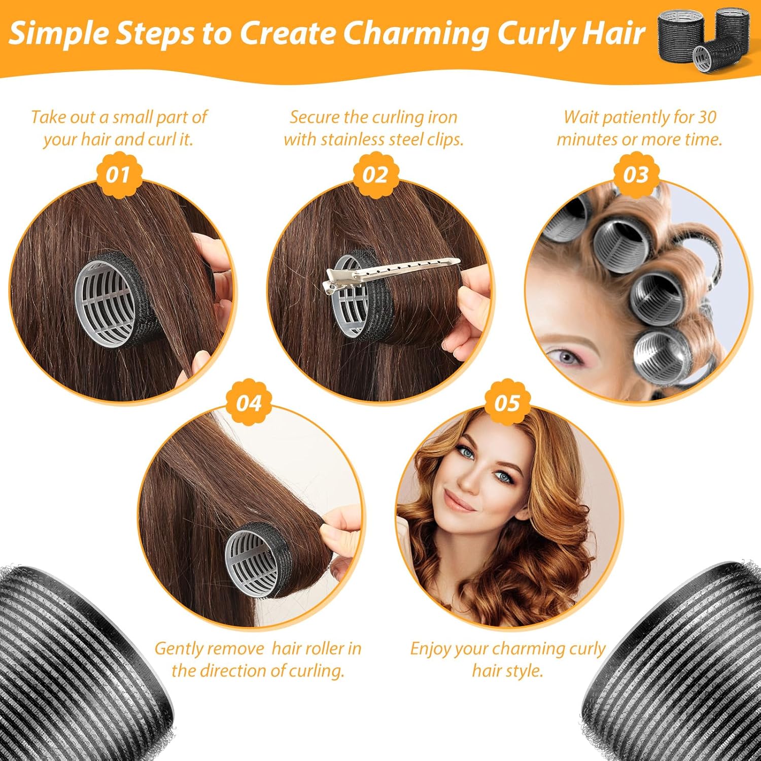 39PCS Self Grip Hair Rollers Curlers 3 Sizes Black Hair Roller 2.5in, 1.9in, 1.4in, Jumbo Curlers Roller with 12PCS Duckbill Clips Hair Rollers for Long Medium Short Thick Fine Volume Bangs - Image 7