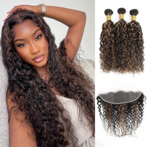 Water Wave F1B30 Brown and Black Ombre Color Curly Bundles with Frontal Human Hair, Honey Blonde Highlight 13x4 HD Lace Frontal with 3 Bundles Soft Wet and Wavy 10A 100% Remy 10 12 14 + 10 In