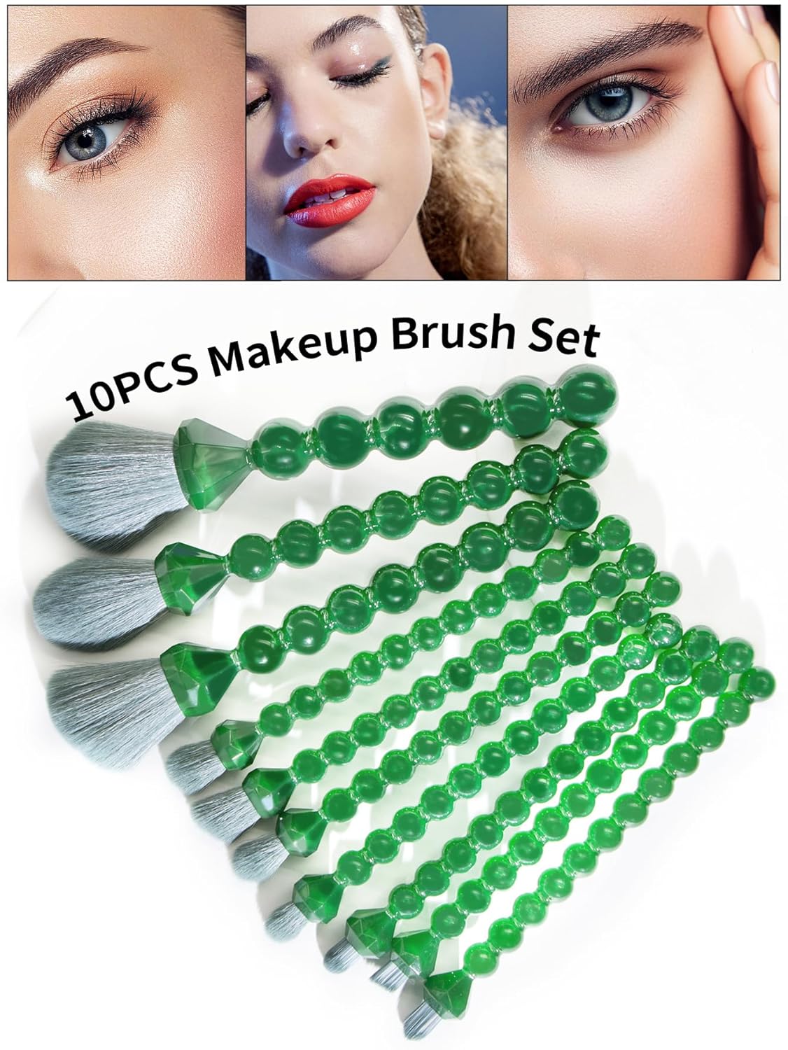 COSHINE Unique Diamond and Pearl Design Makeup Brush Set, 10pcs Cute and Full Complete Powder, Concealer, Blush, Eye Shadow Cosmetic Brushes Kit (GREEN) - Image 6