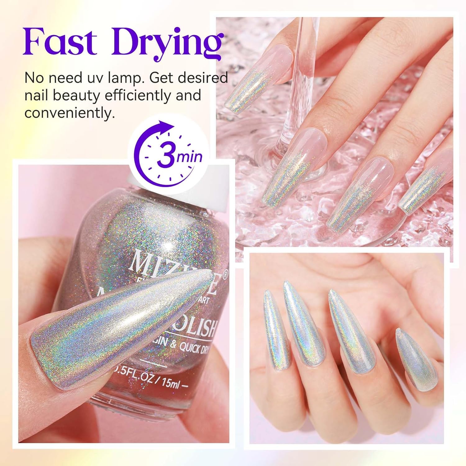 MIZHSE Holographic Nail Polish, Silver Glitter Nail Polish Air Dry Fast, 15 ml 0.5 fl oz High Glossy Shiny Nail Pigment Oil-based Laser Iridescent Nail Lacquer Chrome Halo Nail Art Salon Manicure Home - Image 4