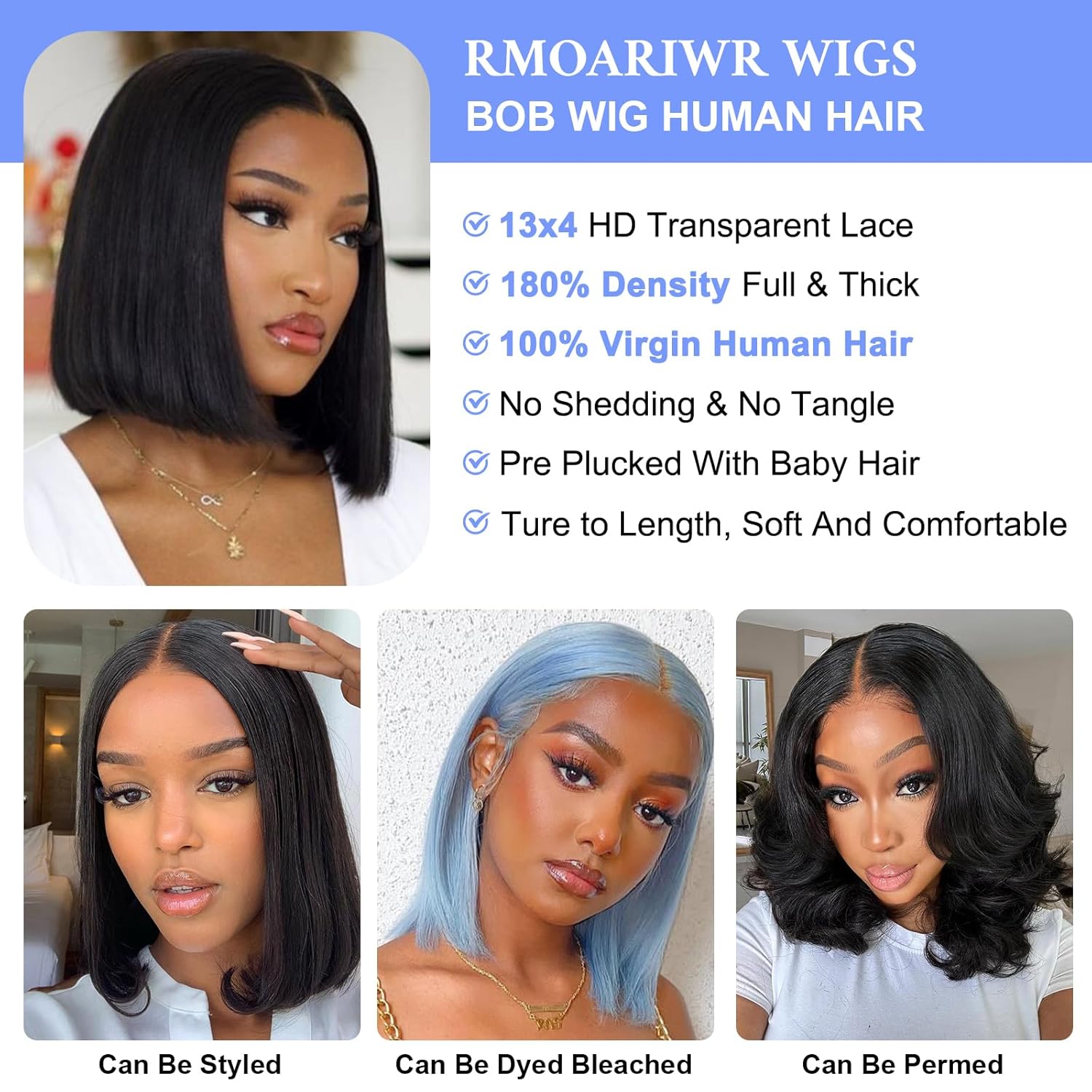 Bob Wig Human Hair 180% Density 13x4 HD Transparent Lace Front Wigs Human Hair Pre Plucked Short Bob Glueless Straight Wigs Human Hair for Women Natural Black 10 Inch - Image 4