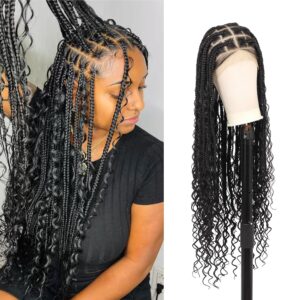 Kalyss HD Full Lace Boho Braided Wigs for Women 360 Lace Front Box Braided Wigs with Baby Hair Black Premium Synthetic Knotless Braid Wig 36"