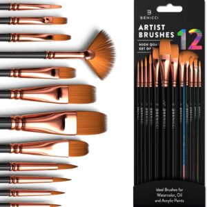 Professional Artist Paint Brush Set of 12 - Painting Brushes Kit for Kids, Adults Fabulous for Canvas, Watercolor & Fabric - for Beginners and Professionals - Great for Water, Oil or Acrylic Painting