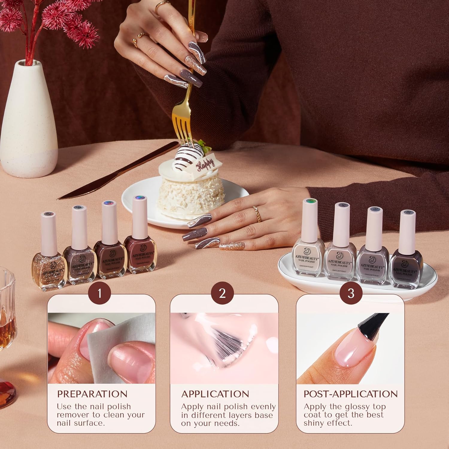 AZUREBEAUTY Brown Shades Champagne Glitter Nail Polish Set 8 Colors, Quick Dry Natural Nail Lacquer Strengthening Treatment Kit DIY Salon - Image 6